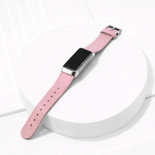 Pink leather strap for Fitbit Charge 5 shown on a clean flatlay display
