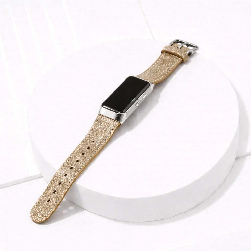 Shining gold leather strap for Fitbit Charge 5 with glitter finish on flatlay display