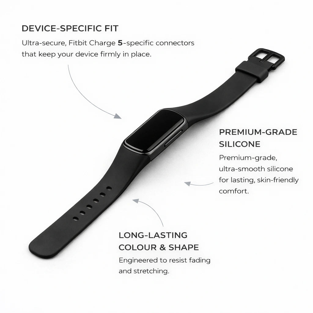 Black silicone strap for Fitbit Charge 5 showing secure fit and durable material