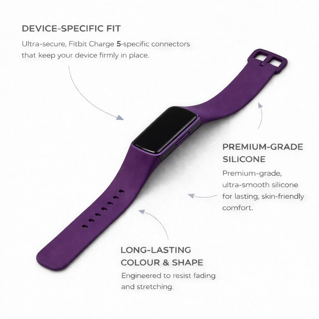 Dark purple silicone strap for Fitbit Charge 5 showing secure connectors and smooth finish