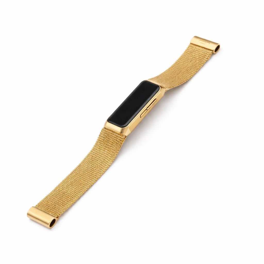 gold metal band compatible with Fitbit Charge 5 featuring a smooth mesh style