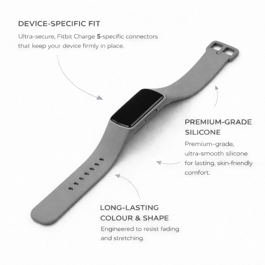Grey silicone band compatible with Fitbit Charge 5 on a clean background