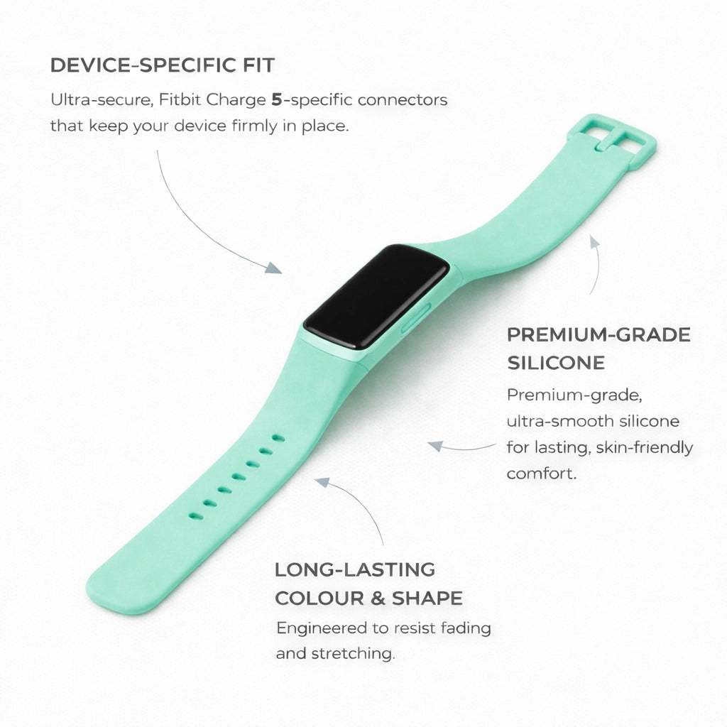 Mint silicone strap for Fitbit Charge 5 showing secure fit and smooth finish