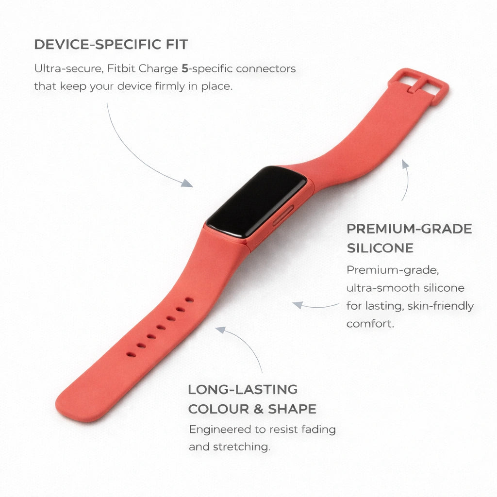 Original red silicone strap for Fitbit Charge 5 showing secure fit and durable design