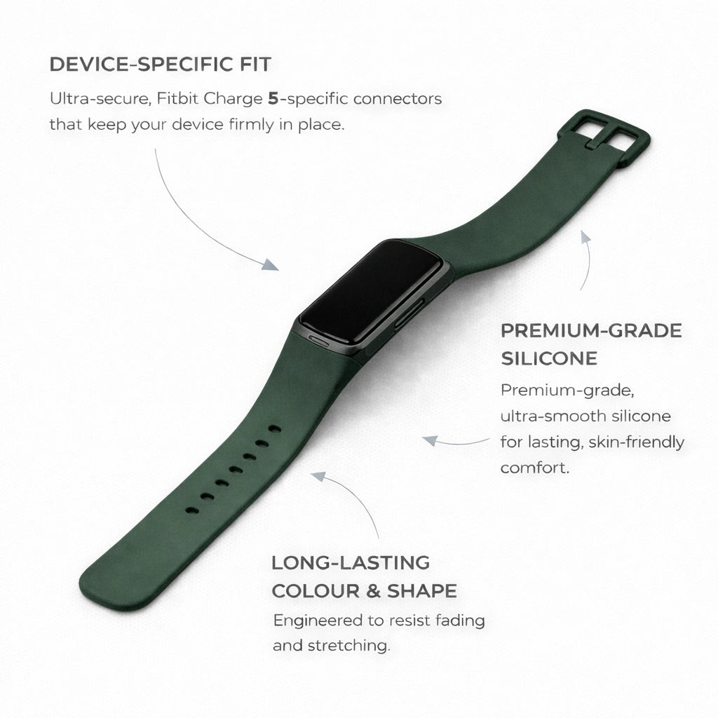 Pine green silicone band compatible with Fitbit Charge 5 on a clean background