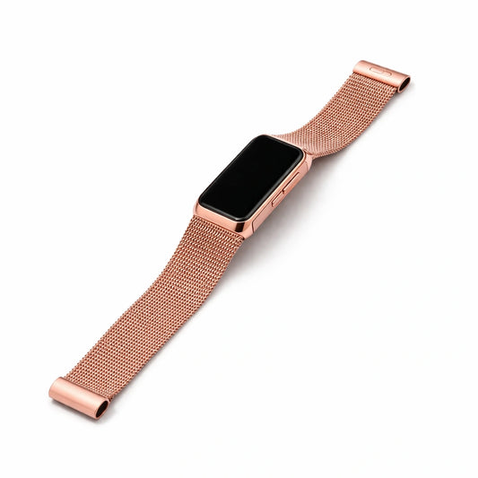 Rose gold metal strap for Fitbit Charge 5 with mesh design and premium finish