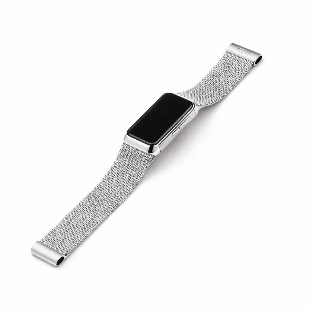 Silver metal band compatible with Fitbit Charge 5 featuring a smooth mesh style
