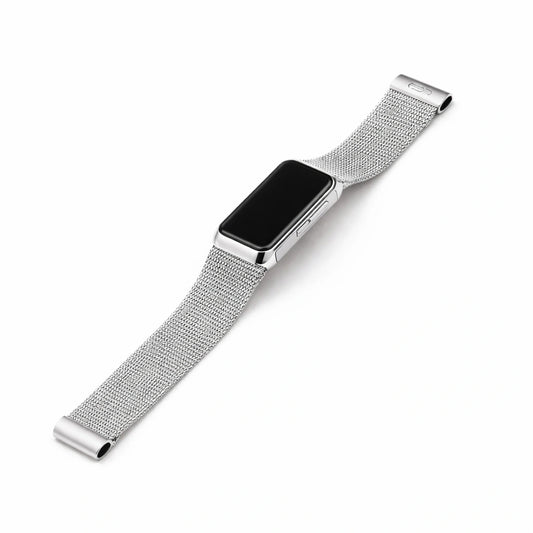 Silver metal band compatible with Fitbit Charge 5 featuring a smooth mesh style