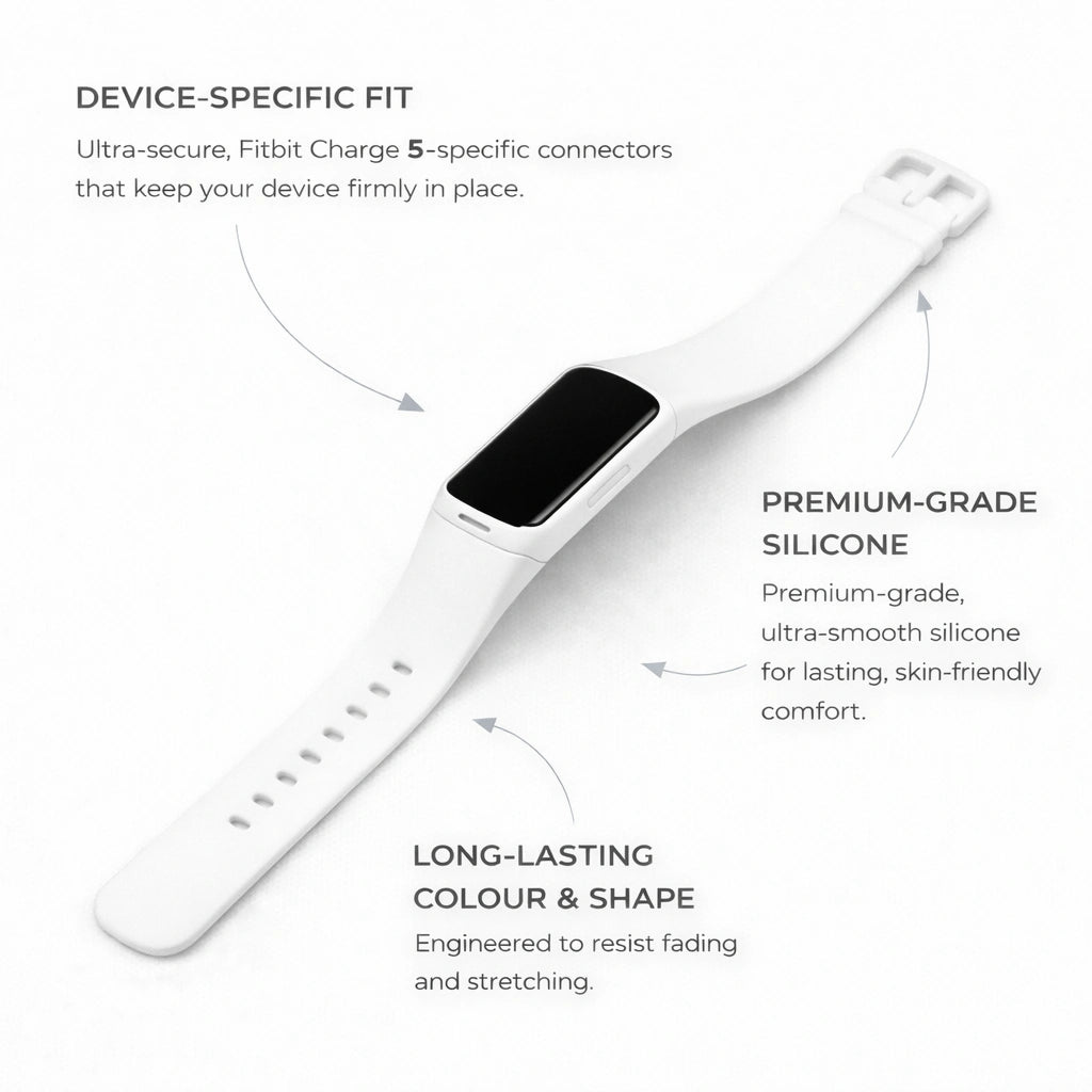 White silicone strap for Fitbit Charge 5 showing secure connectors and smooth finish