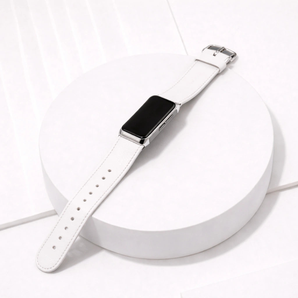White leather replacement band for Fitbit Charge 6 shown laying flat
