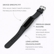 Black silicone strap for Fitbit Inspire 2 showing device-specific fit and premium material