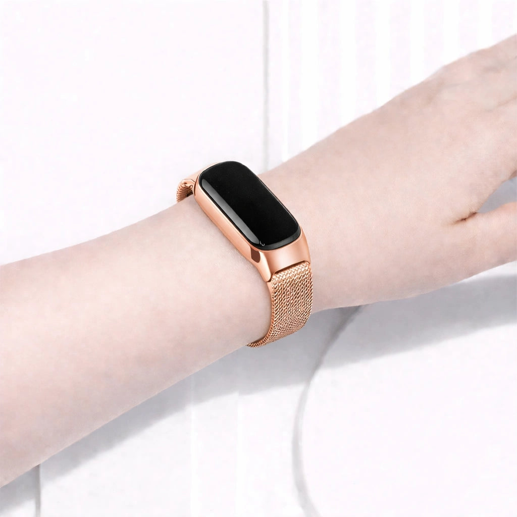 Rose gold metal band for Fitbit Inspire 2 worn on the wrist for an elegant look