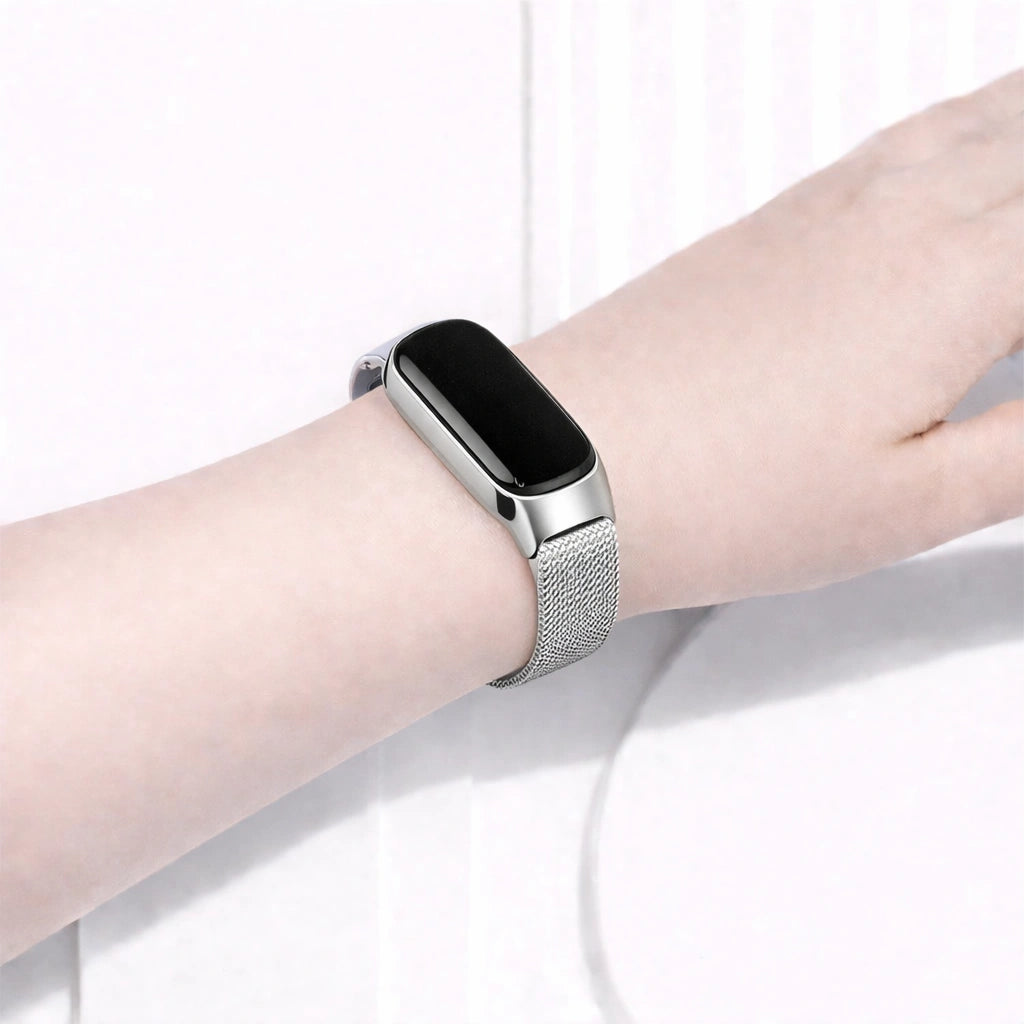 Silver metal band for Fitbit Inspire 2 worn on the wrist for a refined look