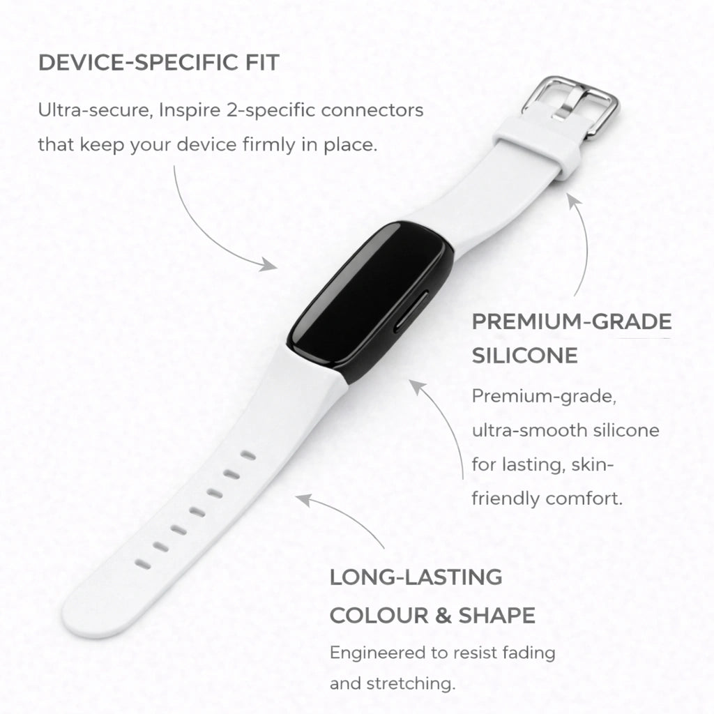 White silicone strap for Fitbit Inspire 2 with secure device-specific connectors