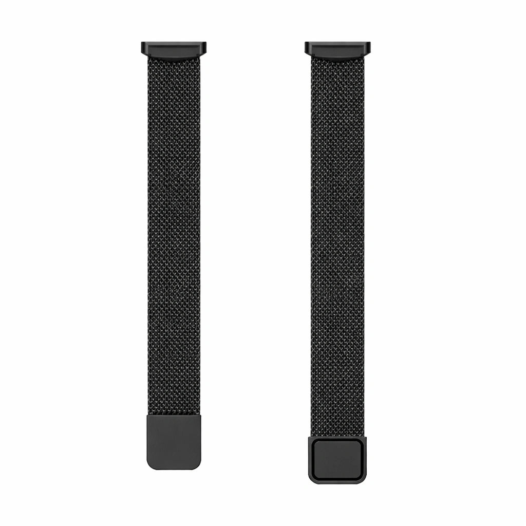 Metal black mesh Fitbit Luxe bands shown in flat lay with magnetic clasp and connector ends