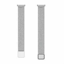 Silver mesh metal Fitbit Luxe straps shown in flat lay with magnetic clasp and connector ends