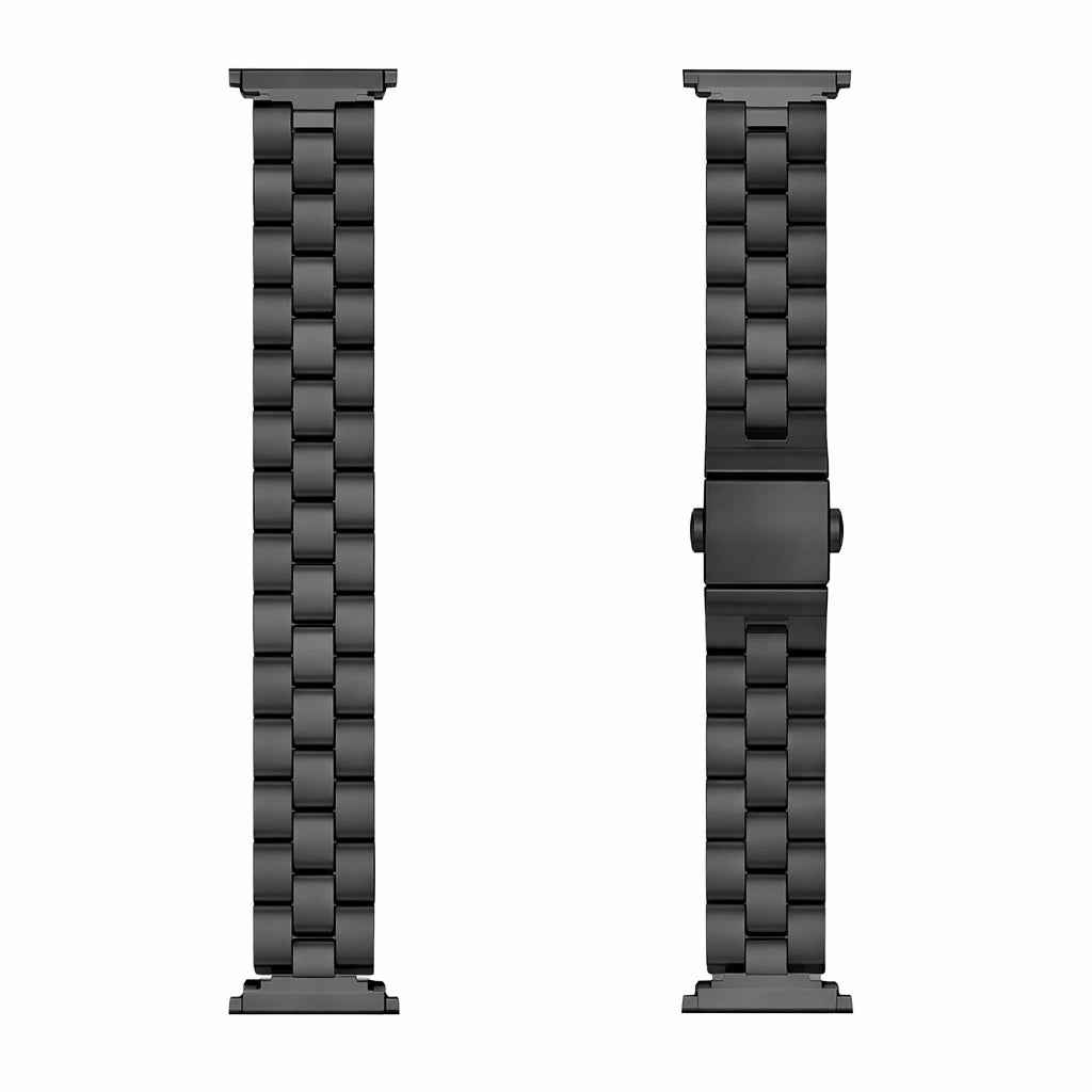 Black stainless steel link band for Fitbit Luxe shown in flatlay with clasp detail