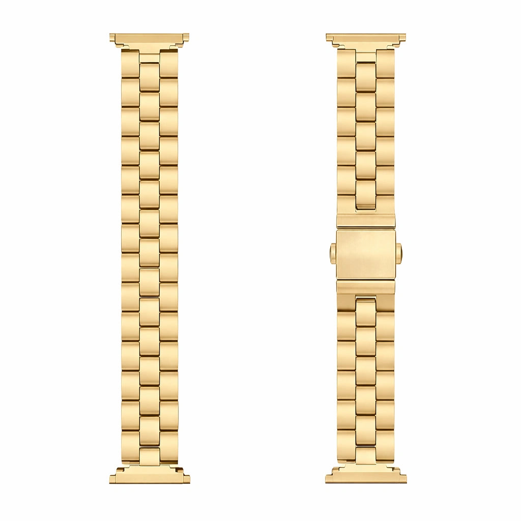 Gold stainless steel link band for Fitbit Luxe shown in flatlay with folding clasp