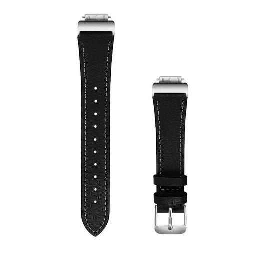 Black leather watch strap for Fitbit Luxe with silver buckle shown in flatlay