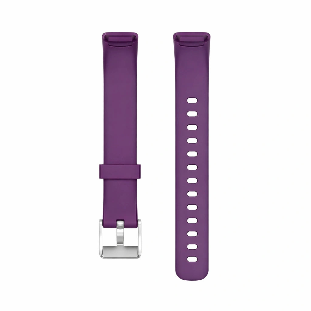 Purple silicone band for Fitbit Luxe with silver buckle on white background