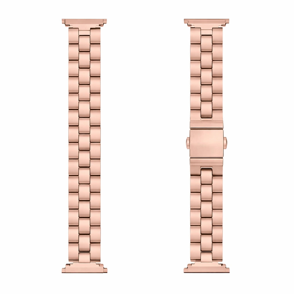 Rose gold stainless steel link band for Fitbit Luxe shown in flatlay with clasp detail