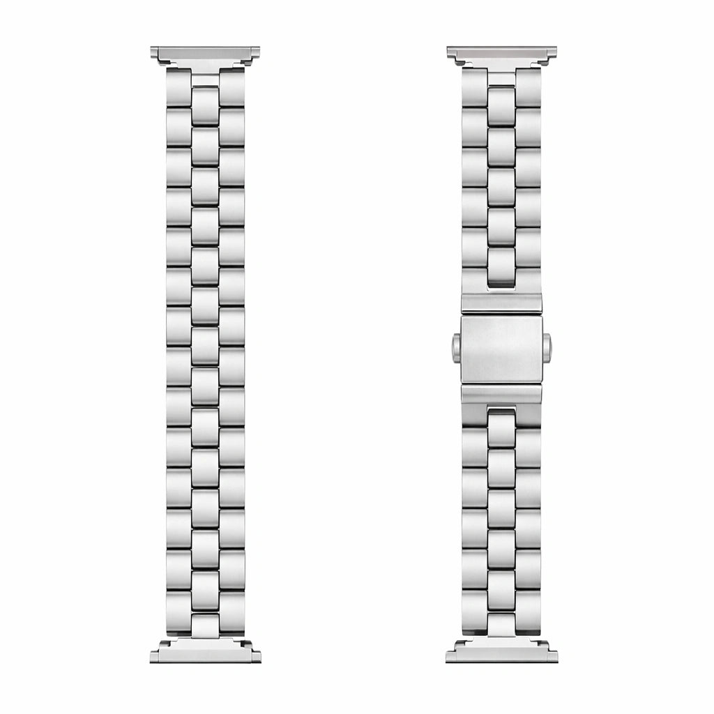 Silver stainless steel link bracelet for Fitbit Luxe shown in flatlay with fold-over clasp detail