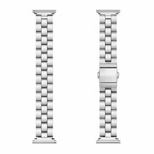 Silver stainless steel link bracelet for Fitbit Luxe shown in flatlay with fold-over clasp detail