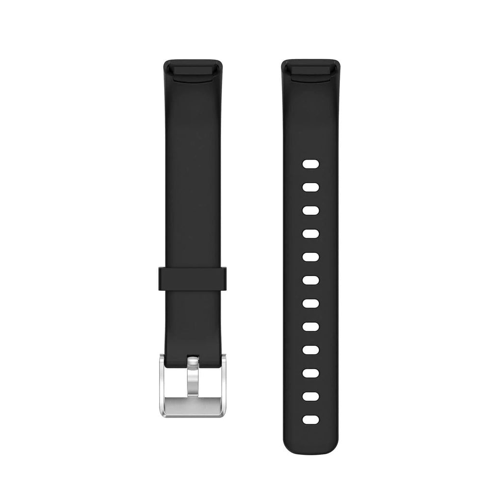 Black silicone strap for Fitbit Luxe with silver buckle shown on white background