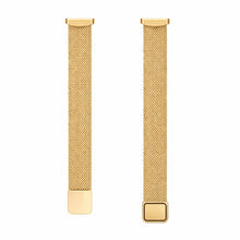 Gold mesh metal Fitbit Luxe watch band shown in flat lay with magnetic clasp detail