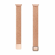 Rose gold mesh metal Fitbit Luxe band shown in flat lay with magnetic clasp and connector ends