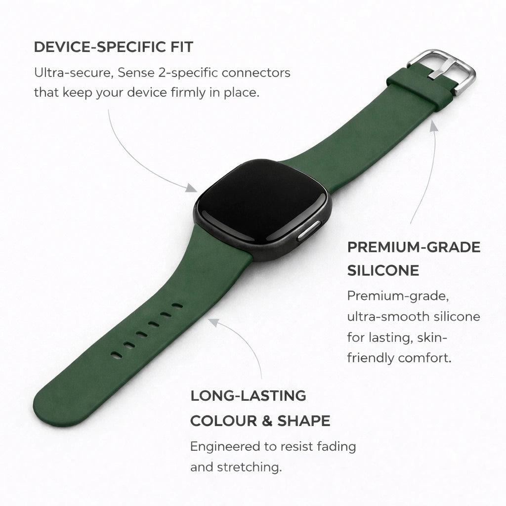 Dark green silicone Fitbit Sense 2 strap with device-specific fit and premium-grade material
