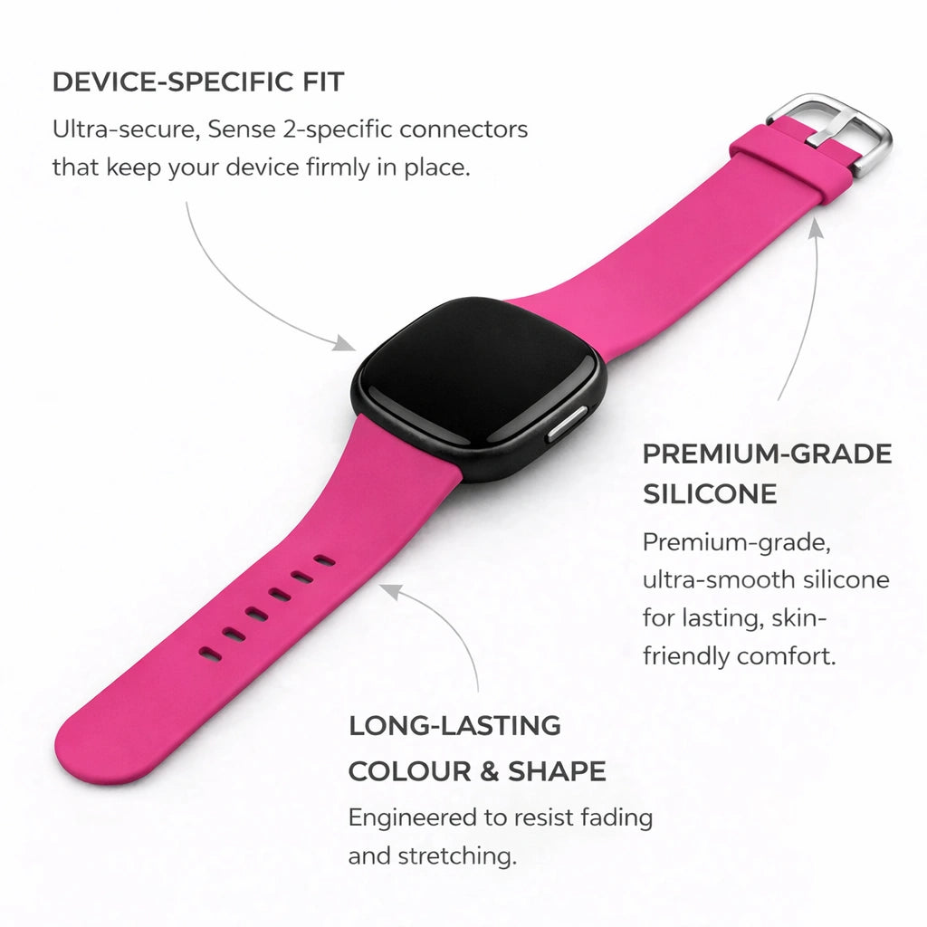 Hot pink Fitbit Sense 2 band made from smooth, skin-friendly silicone