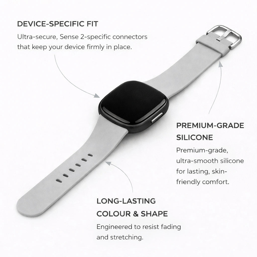 Light grey silicone strap for Fitbit Sense 2 with device-specific fit and smooth, skin-friendly finish