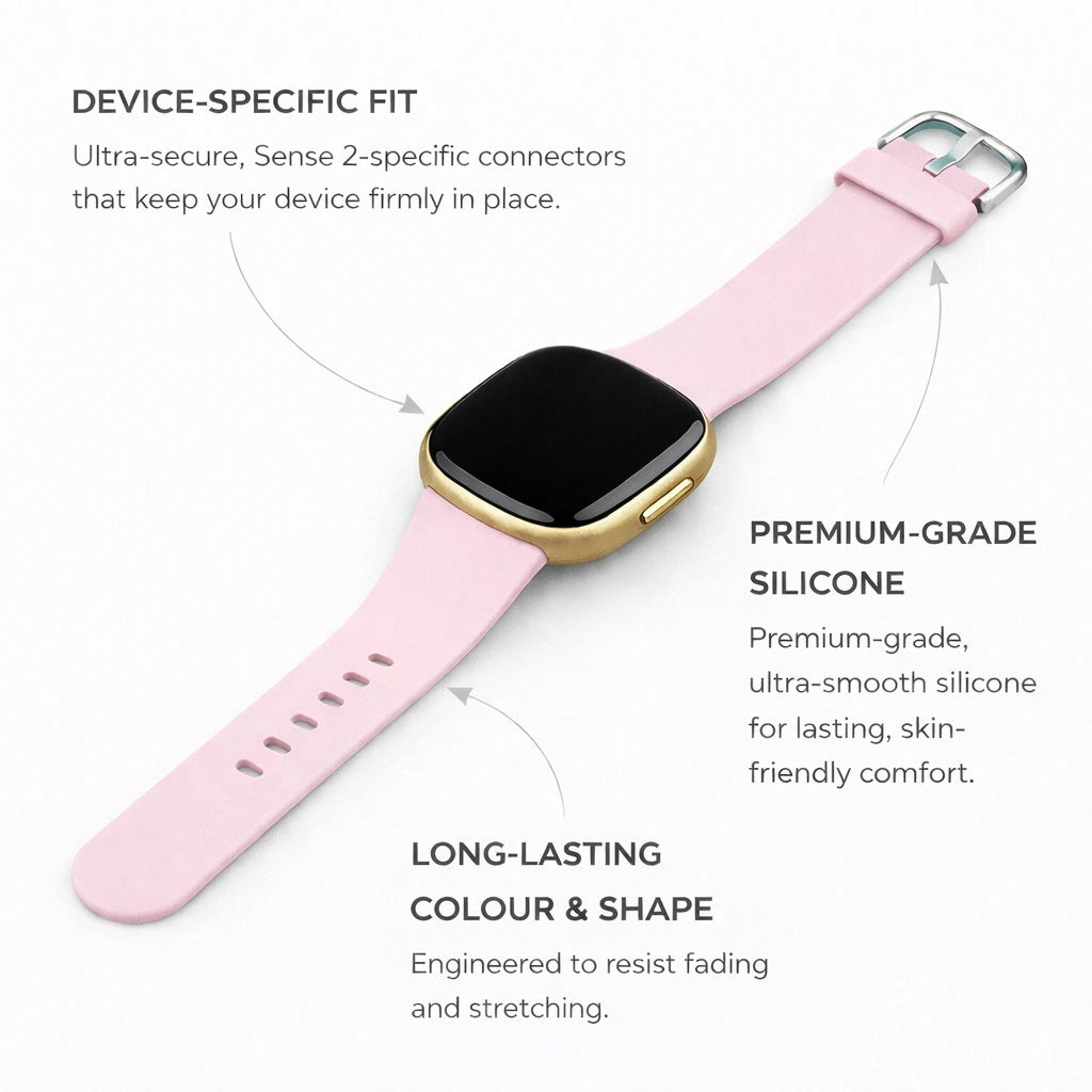 Light pink silicone strap for Fitbit Sense 2 with device-specific fit and smooth finish
