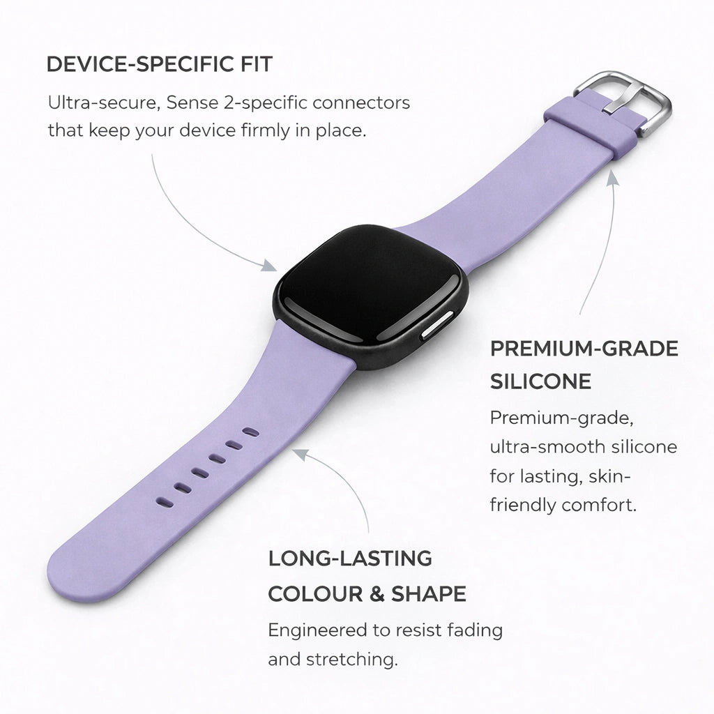 Light purple silicone replacement watch strap for Fitbit Sense 2 designed for comfort and durability
