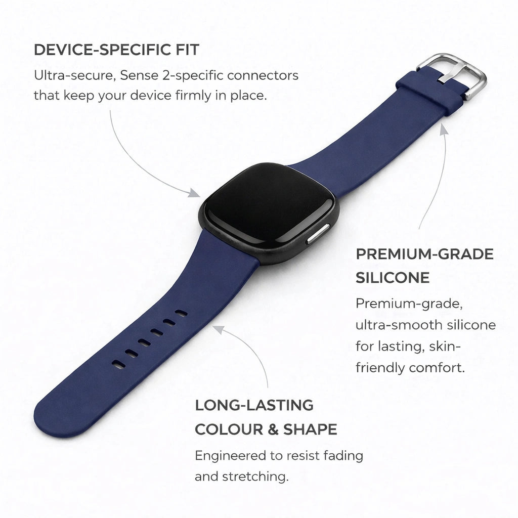 Navy silicone Fitbit Sense 2 strap showing device-specific fit and premium silicone material