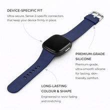 Navy silicone Fitbit Sense 2 strap showing device-specific fit and premium silicone material