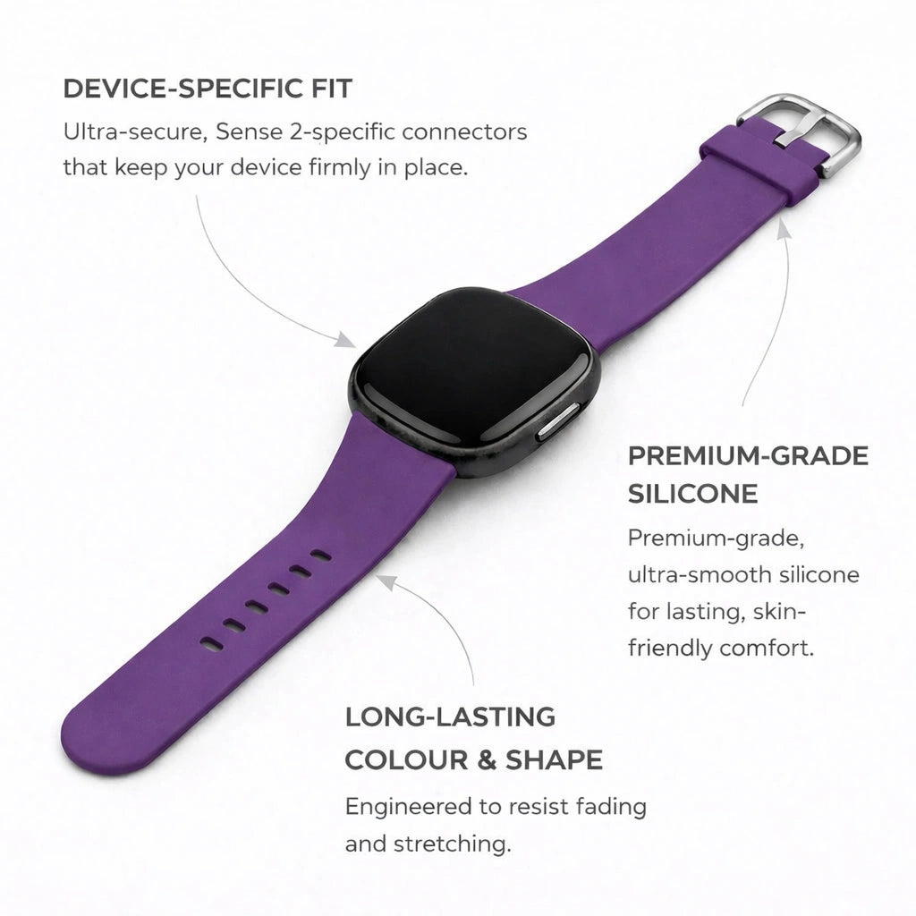 Purple silicone strap for Fitbit Sense 2 with device-specific connectors and smooth finish