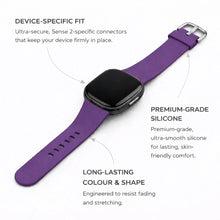 Purple silicone strap for Fitbit Sense 2 with device-specific connectors and smooth finish