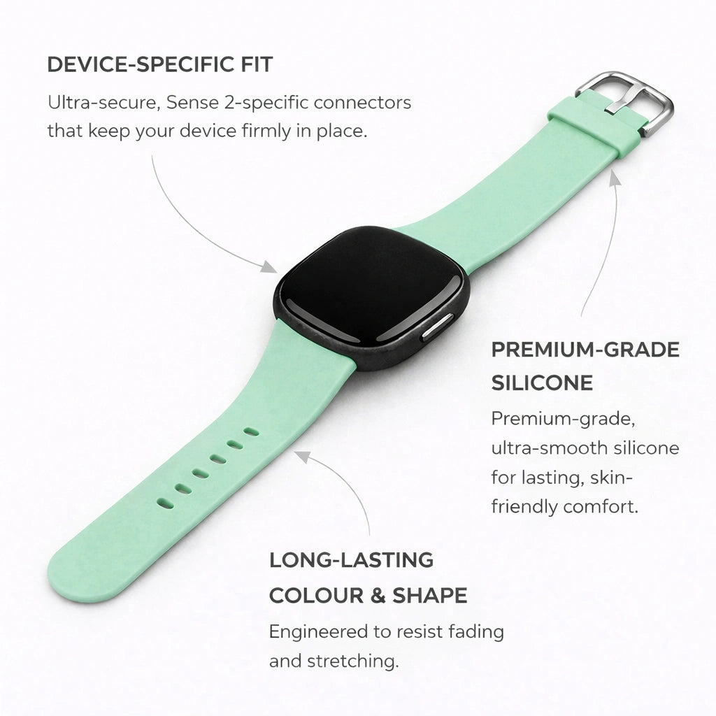 Teal silicone strap for Fitbit Sense 2 with soft, skin-friendly material