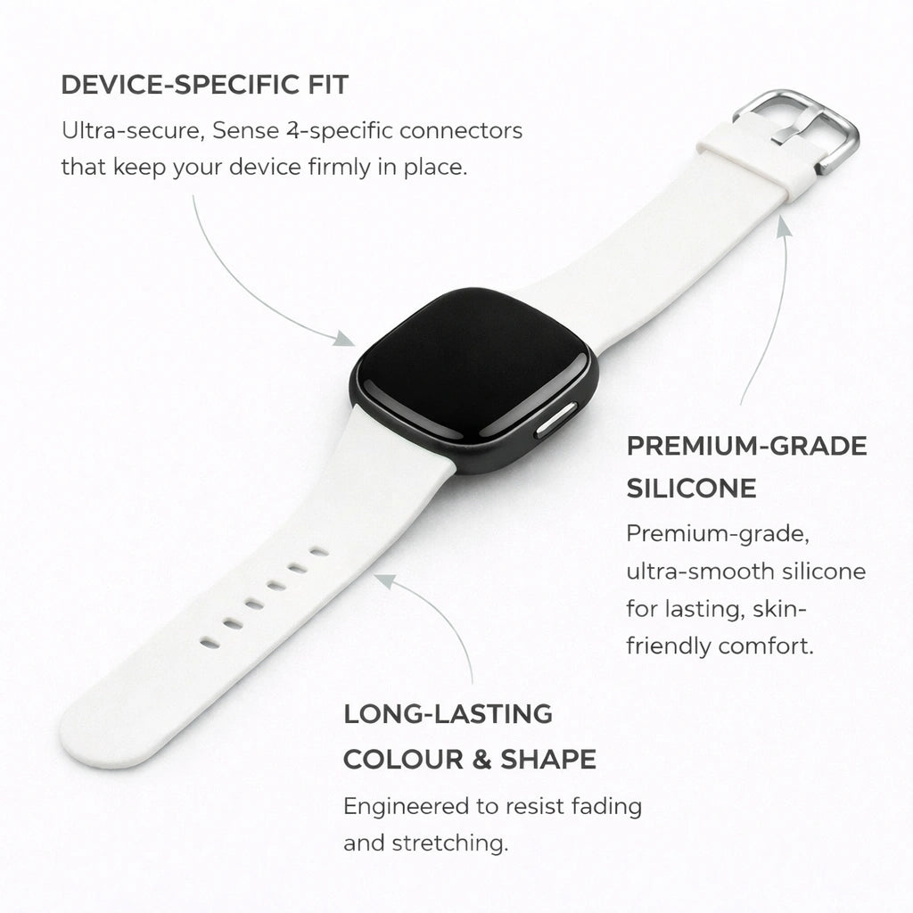 White silicone strap for Fitbit Sense 2 with device-specific fit and smooth, skin-friendly finish
