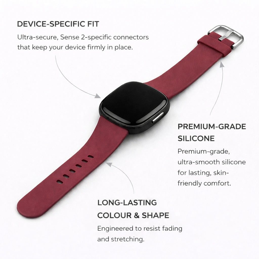 Wine red silicone Fitbit Sense 2 strap showing device-specific fit and premium material