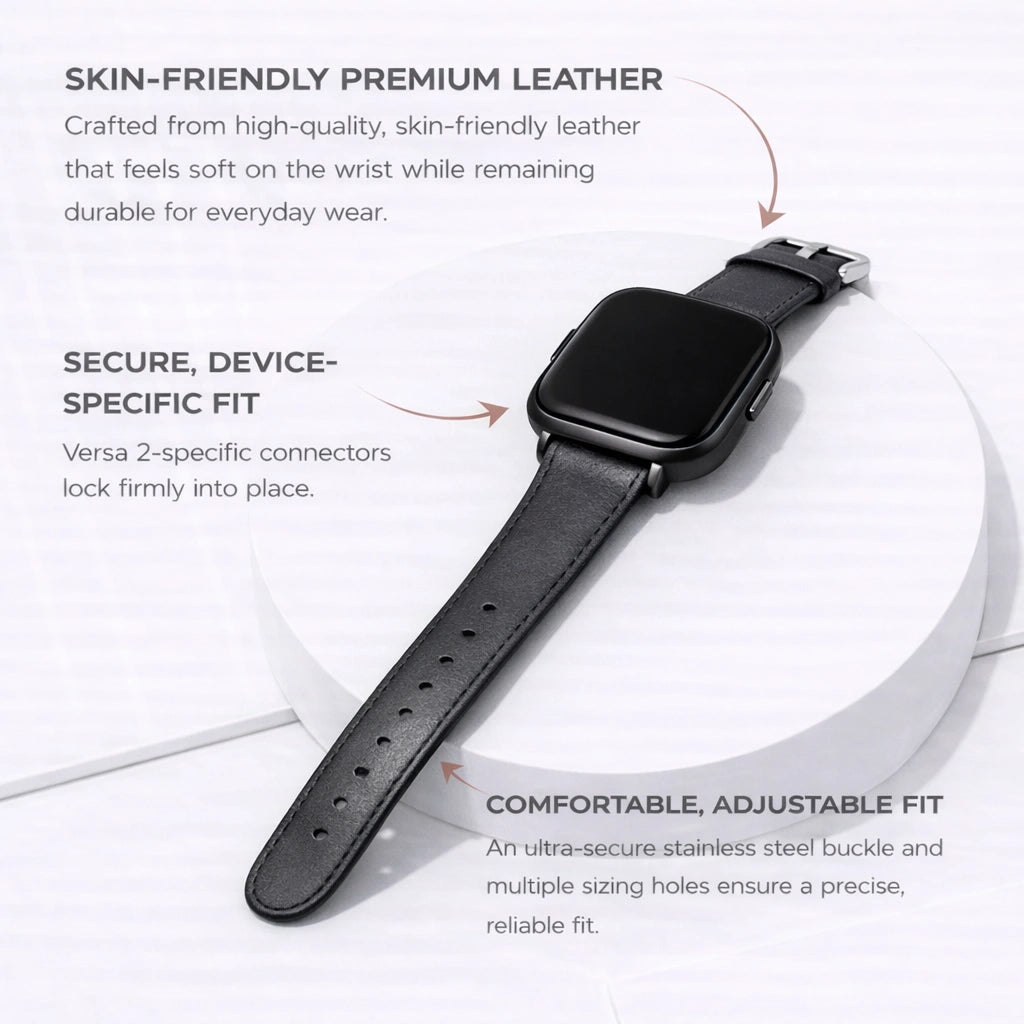 Premium black leather watch strap for Fitbit Versa 2 with secure device-specific fit