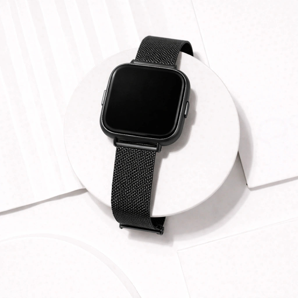 Black metal Milanese mesh watch strap designed specifically for Fitbit Versa 2
