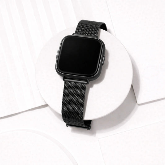 Black metal Milanese mesh watch strap designed specifically for Fitbit Versa 2
