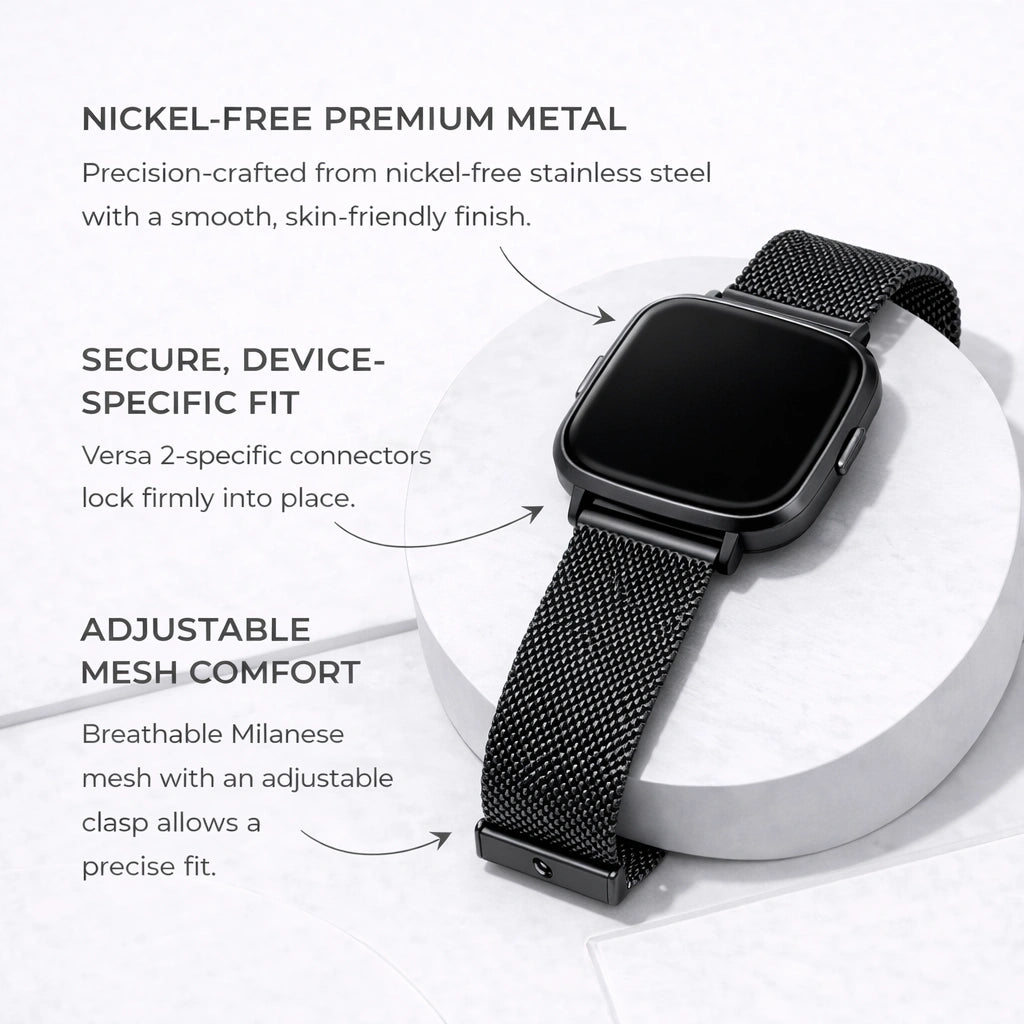 Black metal Milanese mesh strap for Fitbit Versa 2 showing device-specific fit and adjustable mesh comfort
