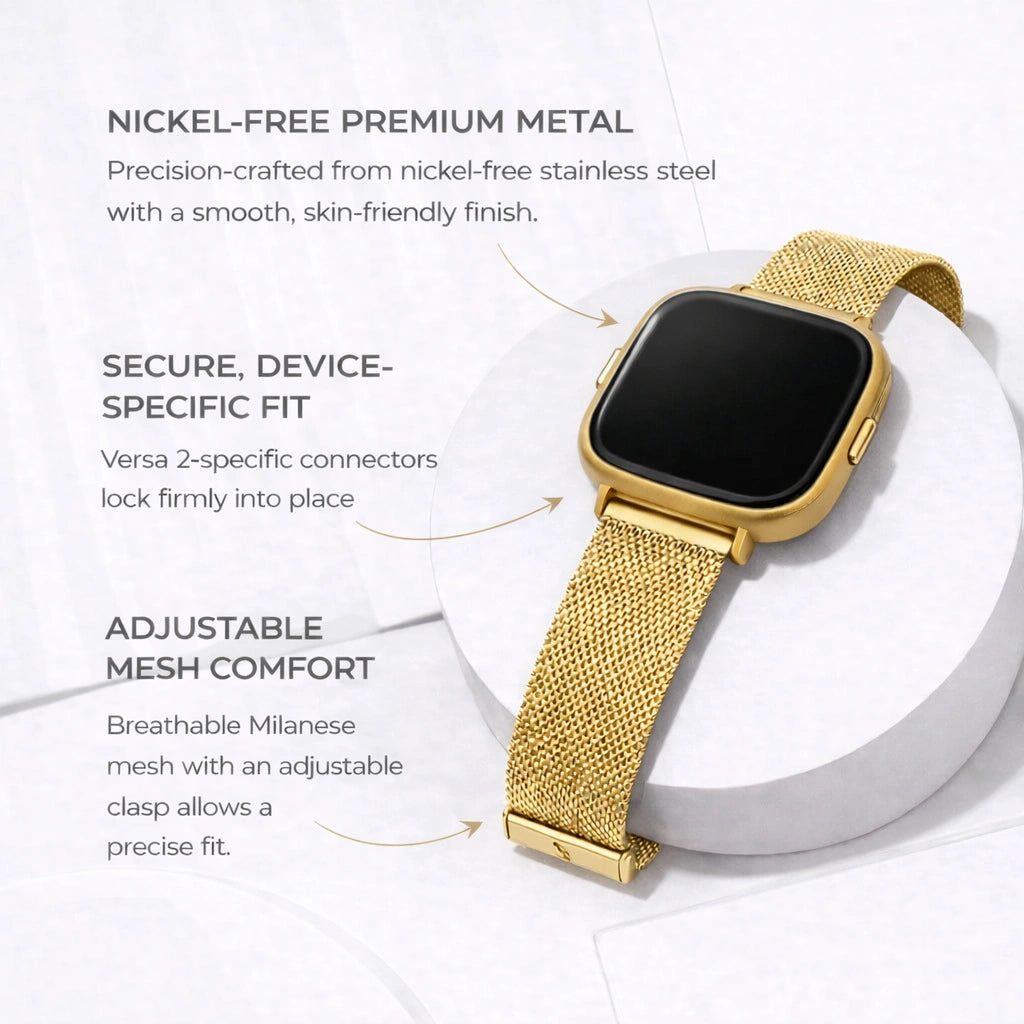 Gold metal Milanese strap for Fitbit Versa 2 showing nickel-free stainless steel, secure device-specific fit and adjustable mesh comfort