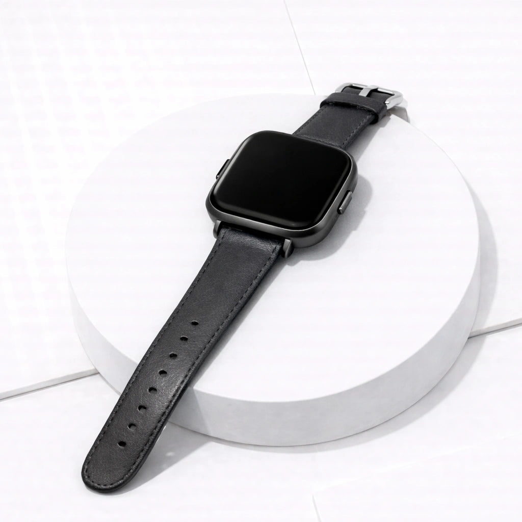Adjustable grey leather strap for Fitbit Versa 2 with stainless steel buckle and multiple sizing holes