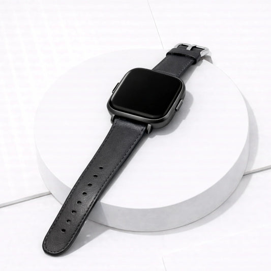 Adjustable grey leather strap for Fitbit Versa 2 with stainless steel buckle and multiple sizing holes