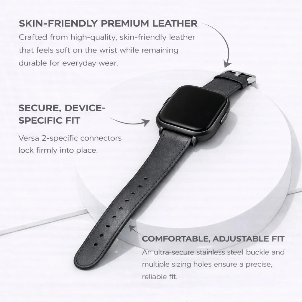 Grey leather watch strap for Fitbit Versa 2 showing premium leather material and secure device-specific fit